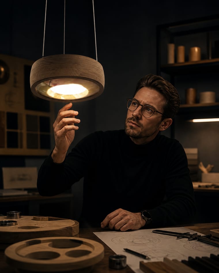 Entwickler inspiziert eine runde Holz-Pendelleuchte