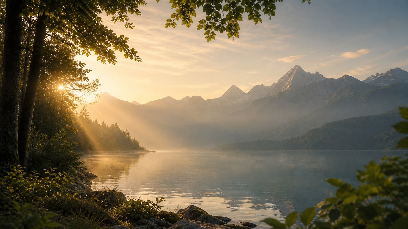 Sonnenaufgang über einem See mit Blätterdach als natürliche Lichtreferenz